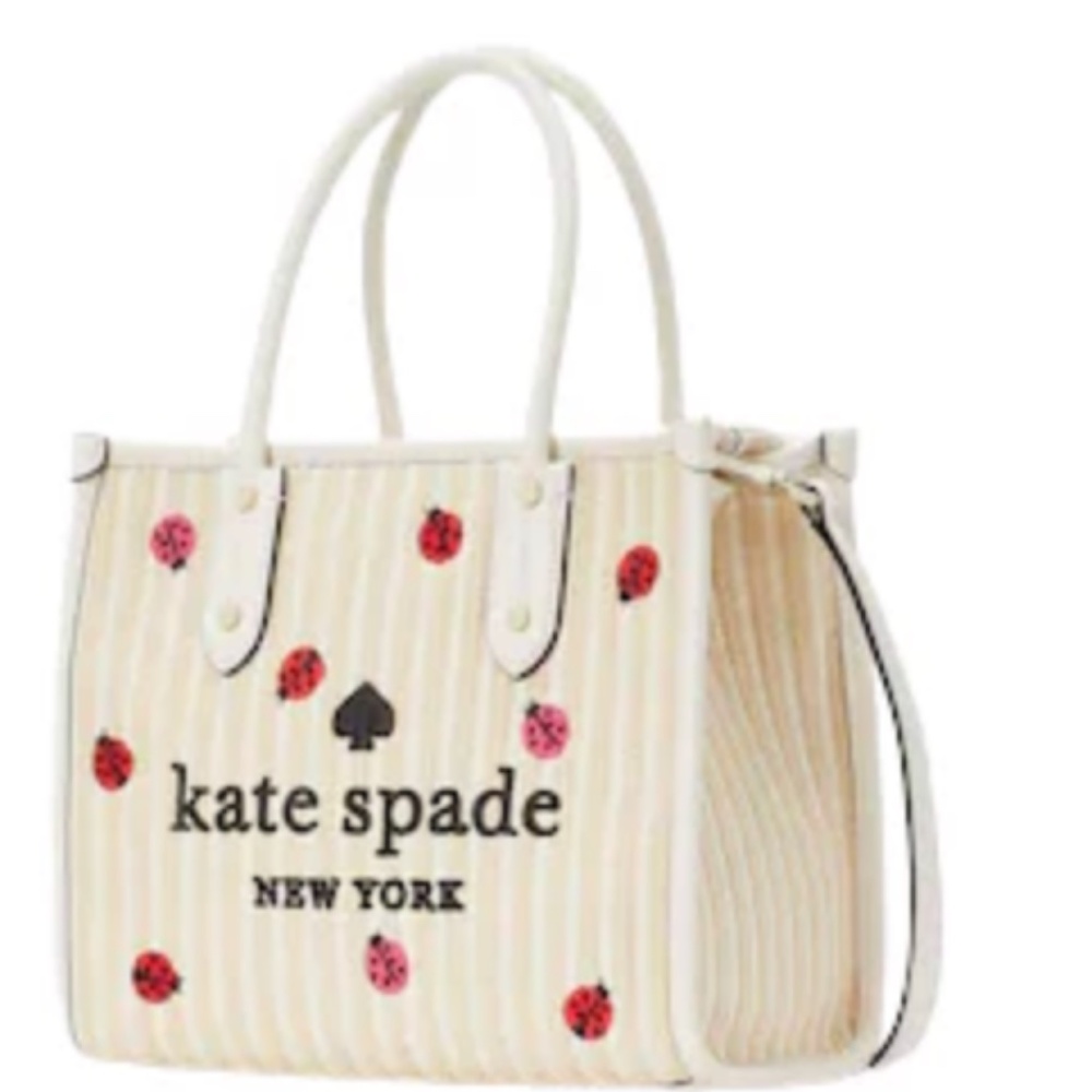 Kate Spade Ella Dottie Ladybug Embroidered Straw/Leather Small Tote (Rare, NWT) - Picture 8 of 9